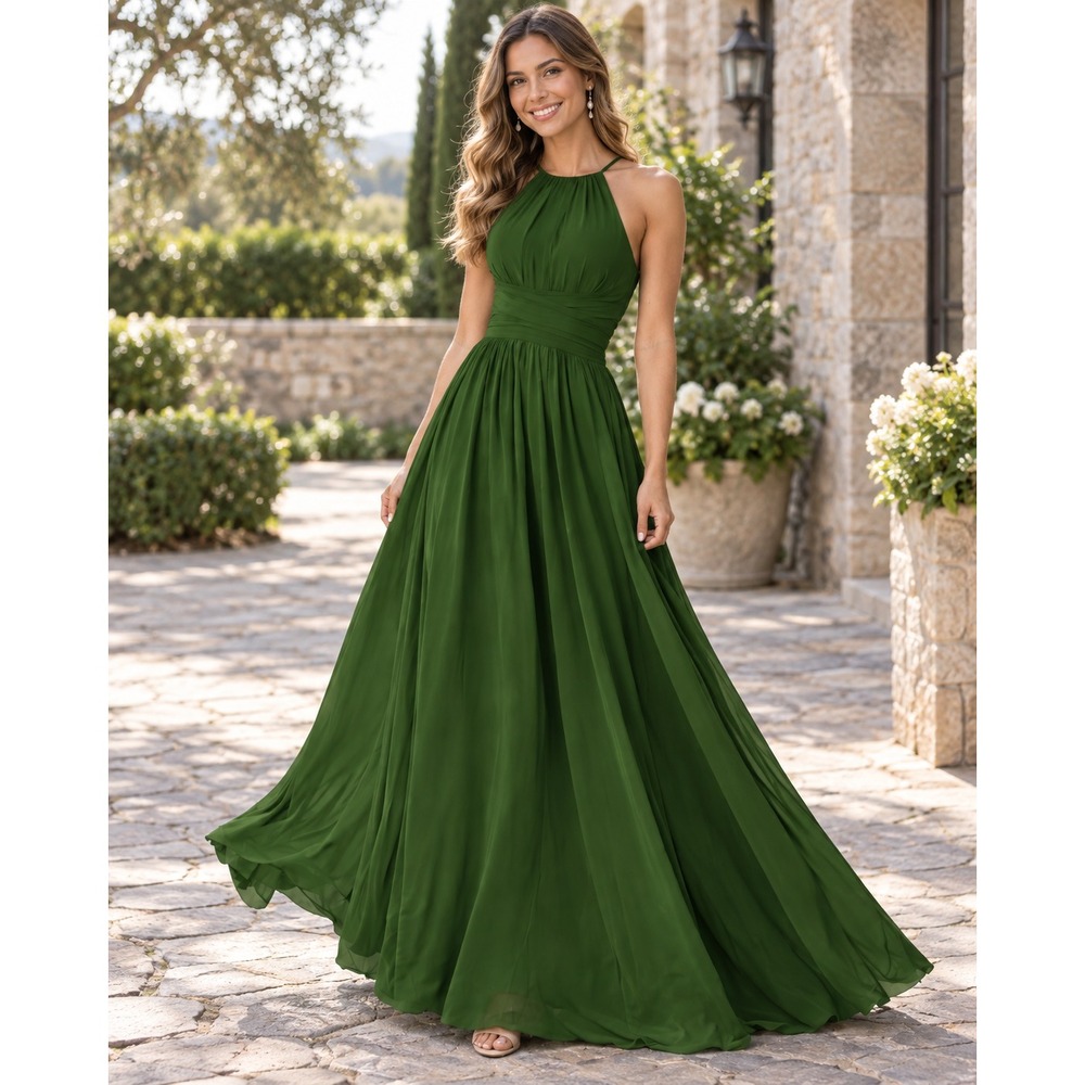 Forest Green Chiffon Halter Maxi Dress Size 2 Lace Up Formal Homecoming Prom